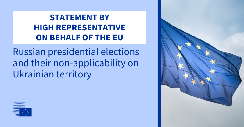 EUCouncilPress's tweet photo. Statement by @JosepBorrellF on behalf of the EU

🇷🇺 presidential elections took place in an ever-shrinking pol space

The EU condemns the illegal holding of “elections” in the territories of 🇺🇦 that Russia has temporarily occupied &amp; will never recognise them.

Read it here 👇