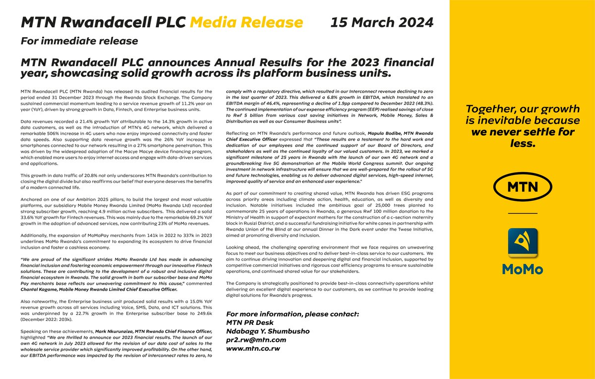 NOTICE: 🚨
MTN Rwanda is pleased to announce its audited financial results for the period ended 31st December 2023.

Read more on the results and download the report from the website, mtn.co.rw/newsabout/mtn-….
#DoingGoodTogether #MTNResults
