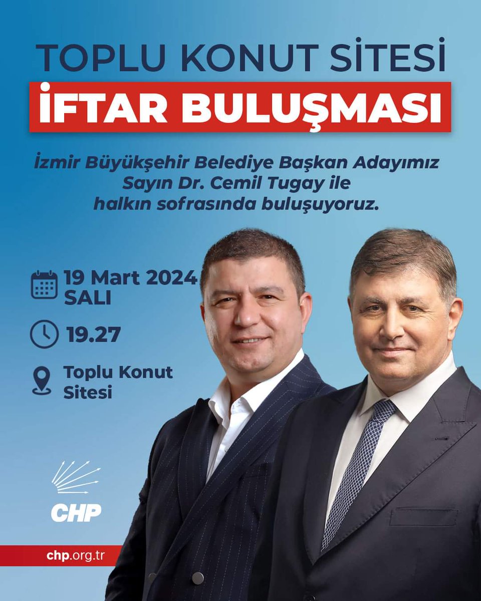okurogluhayati's tweet photo. Toplu Konut İftar Buluşmamıza Tüm Halkımız Davetlidir!
İzmir Büyükşehir Belediye Başkan Adayımız Sayın Dr. Cemil Tugay'ın katılımıyla, 19 Mart 2024 Salı günü, Toplu Konut Sitesi'nde halkın sofrasında buluşuyoruz.
#olurolur #tireittifakı #chp #hayatiokuroğlu https://t.co/jDvZ6LxGE4