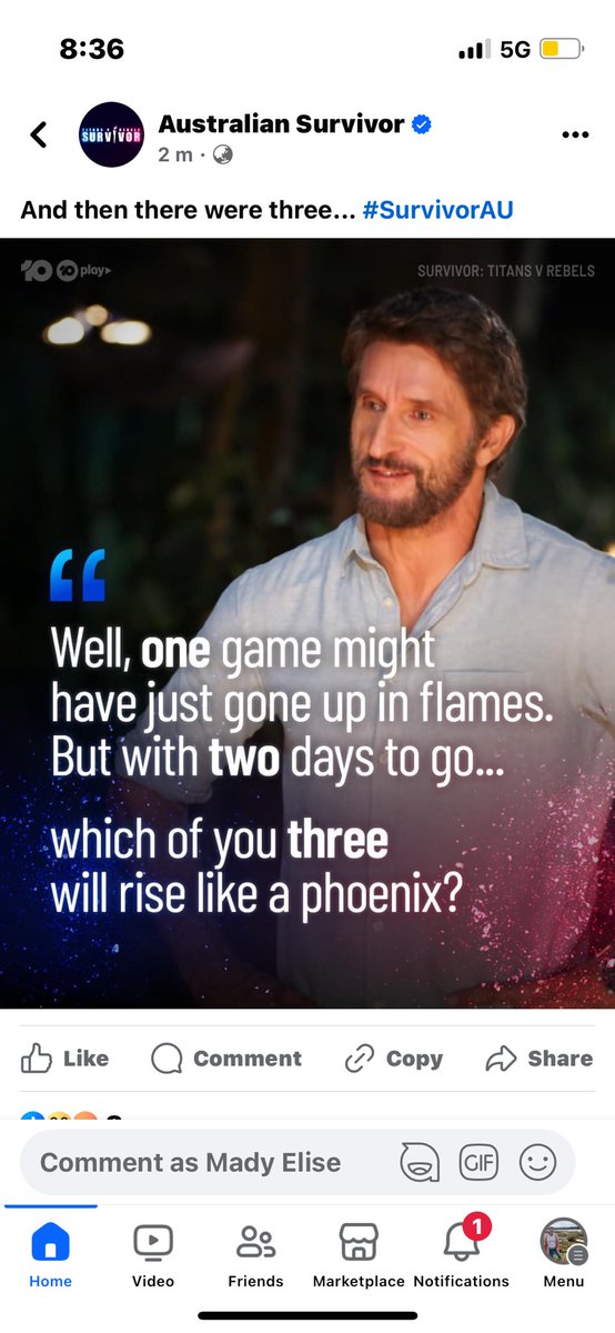 themadsking's tweet photo. Whoops! Facey page just posted this accidentally #SurvivorAU https://t.co/u4B9YA1Gli