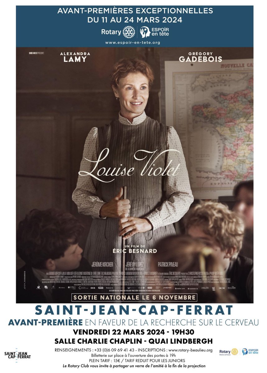 Rotarybeaulieu's tweet photo. J-4 avant la diffusion en avant-première le 22 mars à 19h30 du film Louise Violet dans la salle Charlie Chaplin à Saint-Jean-Cap-Ferrat dans le cadre du programme du Rotary « Espoir en tête » visant à soutenir la recherche sur les maladies du cerveau. https://t.co/43vVmaa2dn
