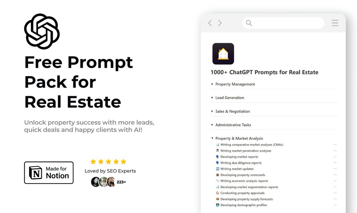 godofprompt's tweet image. ChatGPT unlocks a new world.

Now Real Estate agents can also use Chatgpt to increase their sales.

That&apos;s why we created this &quot;1000+ Real Estate prompts&quot; to help you.

To get it, simply:

• Like &amp;amp; RT
• Reply &quot;Real Estate&quot;
• Follow (I will DM you)
