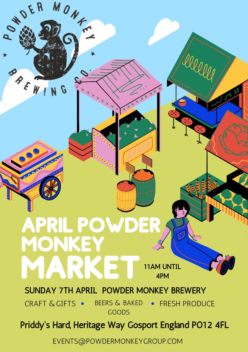 April Powder Monkey Market Sunday 7th April🍺🍺🍺   Come join us on our next market day, gates will be open at 11am over in our brewery building! Come have a browse, sit outside and enjoy a pint in the sun and don’t forget to book in for a Sunday roast over in the Taphouse!