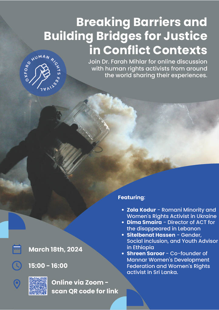 Join today's online discussion 'Breaking barriers and building bridges for justice in conflict contexts' at 3 - 4 pm as part of <a href="/OxHRF/">Oxford Human Rights Festival</a> The discussion will be with an amazing panel of women activists from Ethiopia, Lebanon, Ukraine and Sri Lanka!  eventbrite.co.uk/e/breaking-bar…