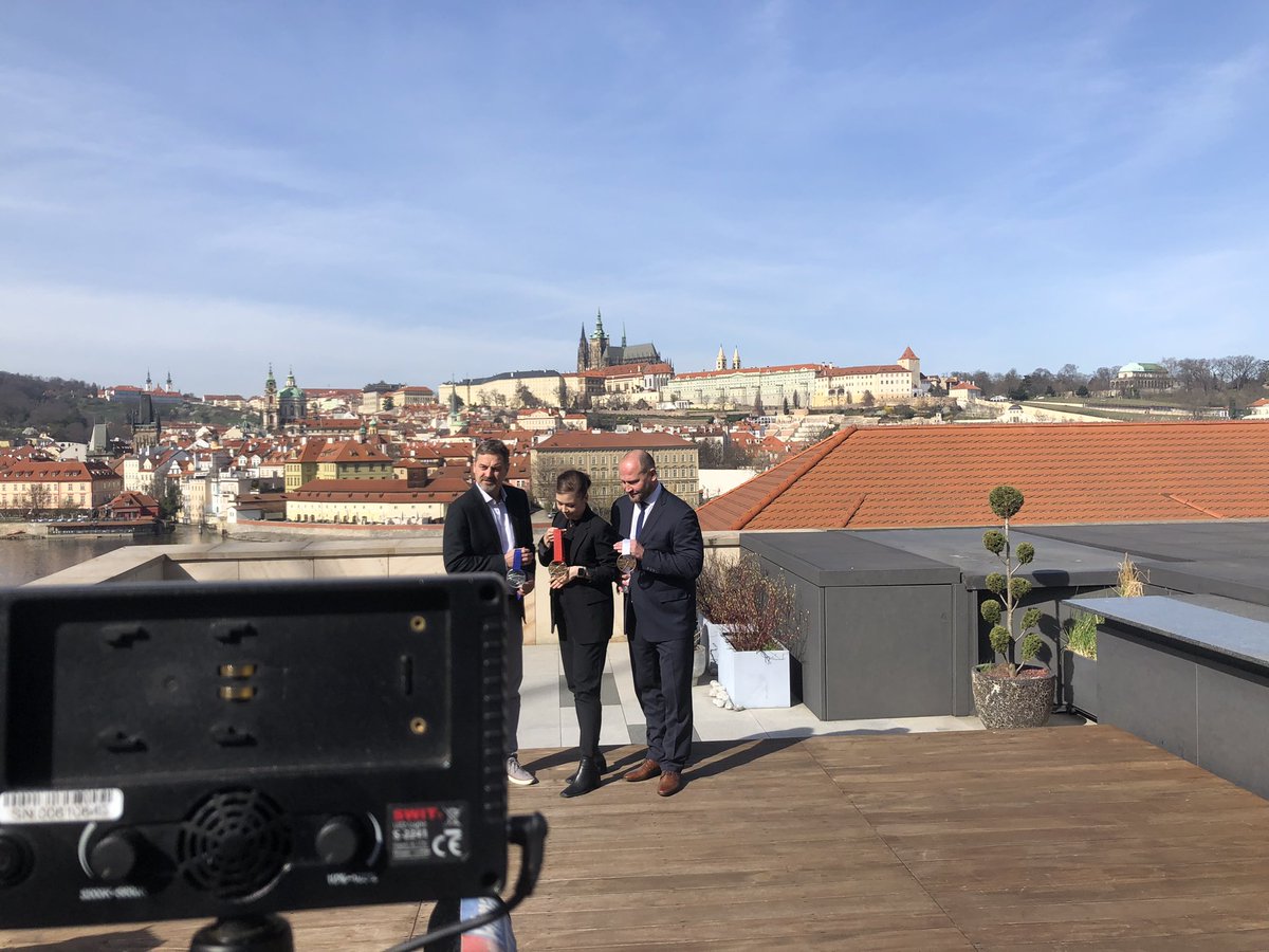Medaile,které dostanou tři nelepší týmy hokejového MS v Praze. Foto nevystihuje, jak hezky vypadají.Materiál je sklo(v kovové obroučce). Důvody:
1) Hold českému sklářství 
2) Možnost zobrazit prvek z hokeje bez kreslení figurek atd- zde led se stopami od bruslí
Autorka:K.Handlová
