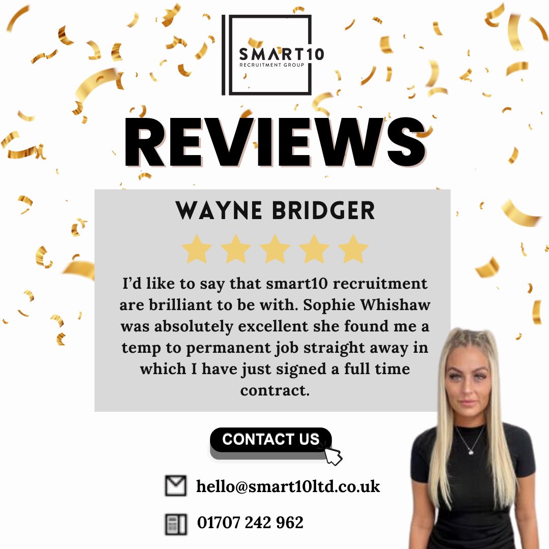 Very well done to Sophie Whishaw! 

Smart10 received a glowing review from a delighted candidate and it is all thanks to the exceptional efforts of Sophie Whishaw our star recruiter! 

Want to know more about the roles we have on at the moment? 

Contact us 01707242962