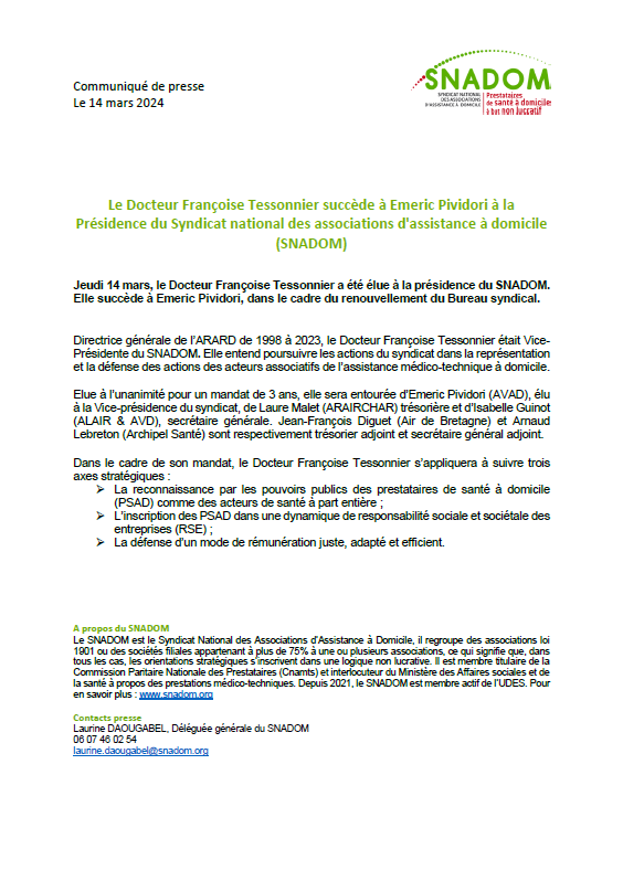 Le Conseil syndical du <a href="/Snadom_psad/">SNADOM</a> a élu son nouveau Bureau syndical. Françoise Tessonnier succède à Emeric Pividori à la Présidence du syndicat.
#PSAD #Nomination #Syndicat #Viesyndicale
