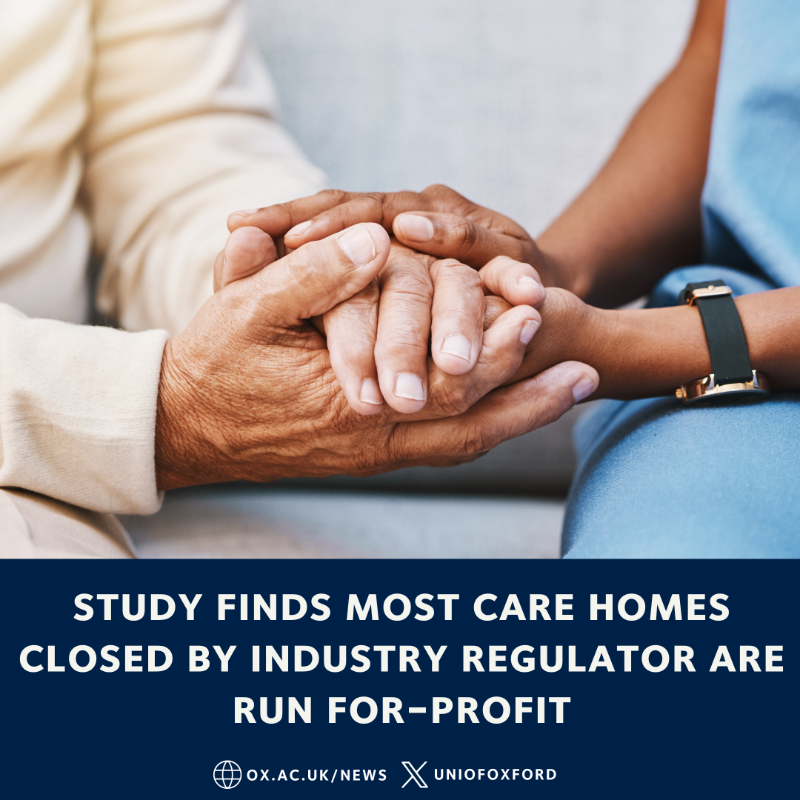 UniofOxford's tweet photo. NEW: An Oxford-led study has found that virtually all care homes forced to close in England by the Care Quality Commission are run on a for-profit basis.

Of all the involuntary closures since 2011, 804 out of 816 occurred in for-profit care homes.

More info ⬇️