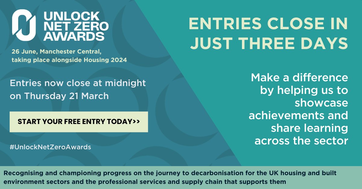 Only THREE DAYS to go until entries close! Have you started your #UnlockNetZeroAwards entries yet? There is still time to make a difference by helping us to showcase achievements and share learning across the sector Find out more today: unlocknetzero.co.uk/awards-enternow