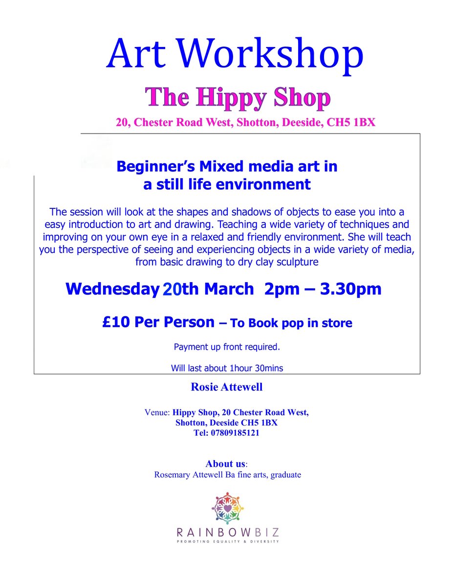 RainbowBiz CIC Hippy Shop has these upcoming events you don't want to miss!!

Art Workshop
facebook.com/events/8353333…

Dowsing For Beginners
facebook.com/events/1494796…

Meet The Writer - Kate Quartermaine
facebook.com/events/3110061…

Hippy Shop, 20 Chester Road West, Shotton, CH5 1BX