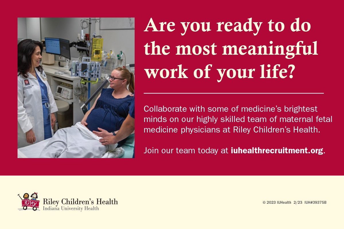 Join a team that's changing healthcare for the better at @RileyChildrens and @IU_Health. Learn more about our #maternalfetalmedicine physician career opportunities at buff.ly/403J4Mo. #IUHealthphysicianjobs #mfm