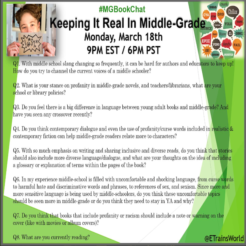Greetings #MGBookChat friends - just a reminder that tonight @ETrainsWorld hosts KEEPING IT REAL IN MIDDLE-GRADE. The questions are below. Hope to see you @ 9 PM EST.