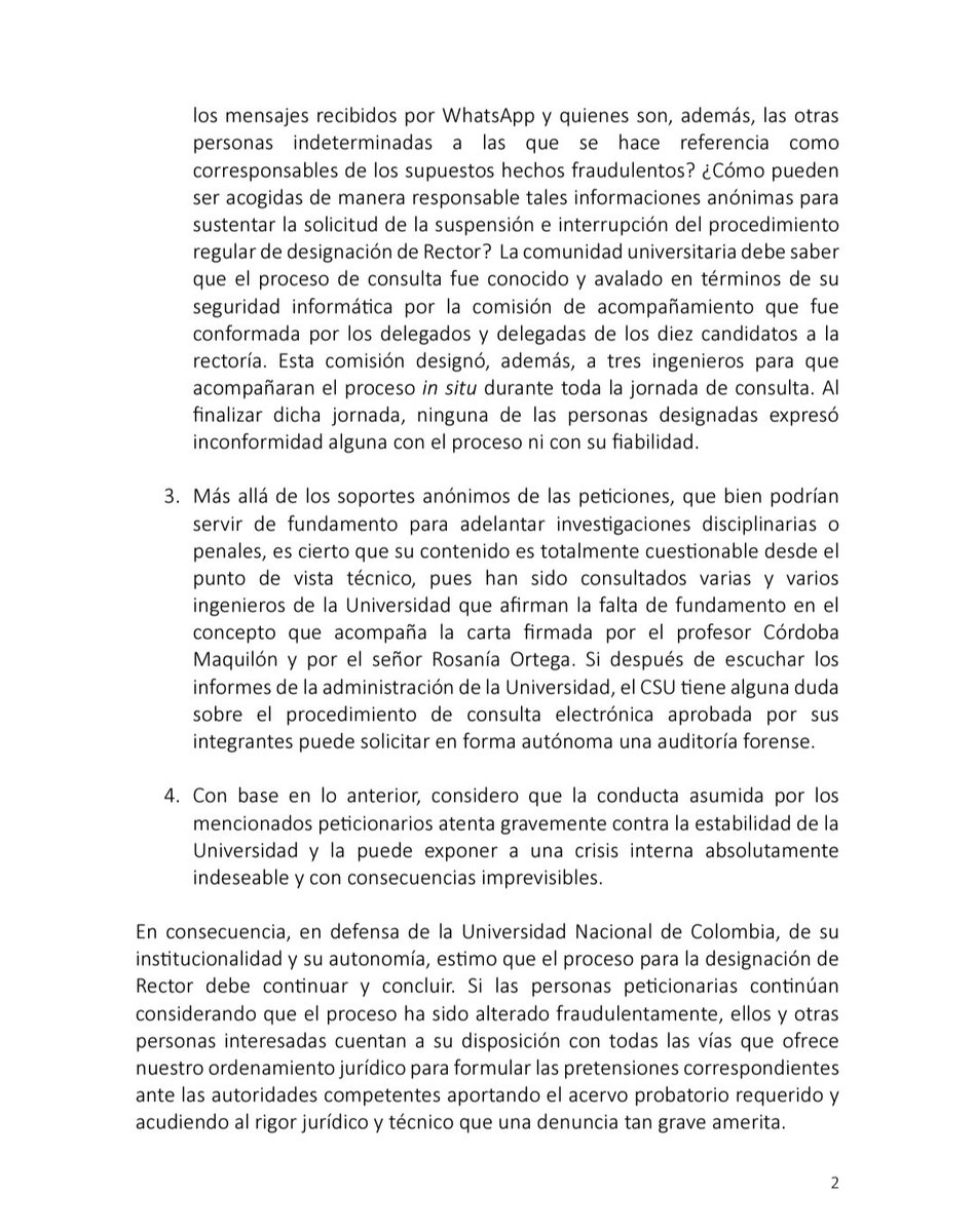 MuneraLeopoldo's tweet photo. En defensa de la Universidad Nacional de Colombia, de su institucionalidad y su autonomía, estimo que el proceso para la designación de Rector debe continuar y concluir. https://t.co/G6nPAhUqEn