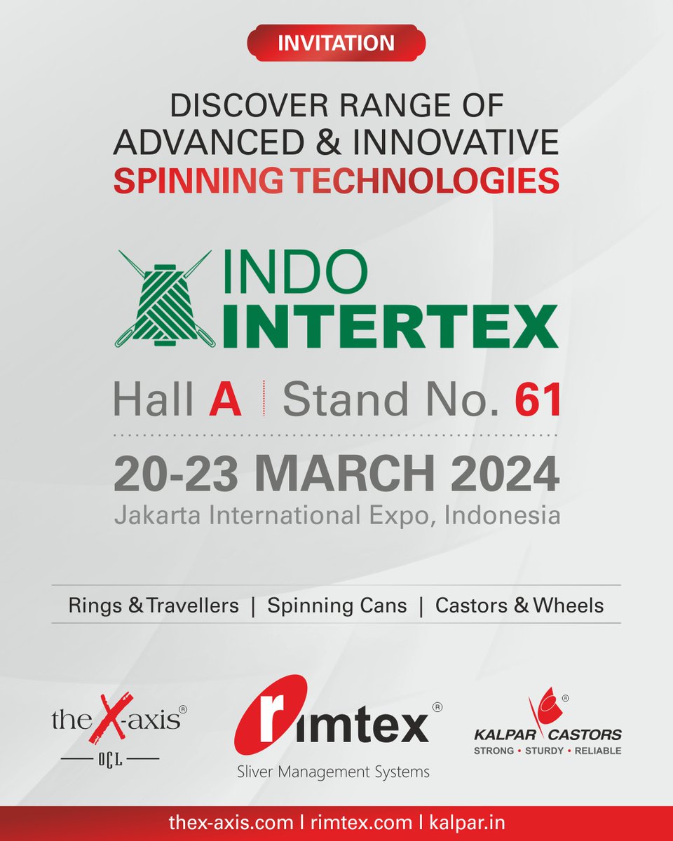 Discover range of advanced & innovative #SpinningCans at our display at #IndoIntertex in Jakarta, Indonesia.

Find us here:
Hall A, Stand no. 61
20-23 March, 2024
#Jakarta International Expo, #Indonesia

To know more visit rimtex.com/exhibitions/ri…

#RimtexIndustries @Indointertex