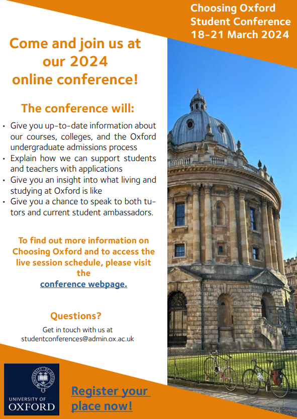 The Choosing Oxford Online Student Conference starts at 4pm today! For students aged 15-18 and teachers. Find out more and sign up here: ox.ac.uk/admissions/und…