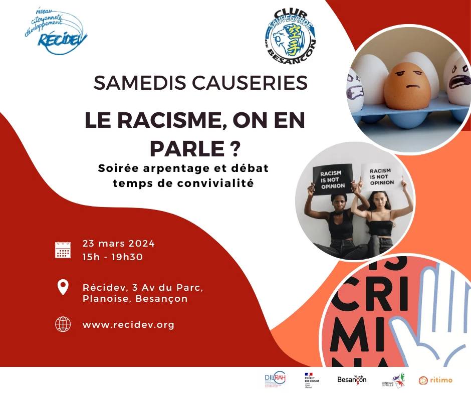 ReCiDev25's tweet photo. #Besançon 
Dans le cadre de la #SEACRA et en partenariat avec le Club Sauvegarde de Besançon, nous vous invitons à un temps de discussion et de débat autour de la lutte contre le racisme ce samedi 23 mars.
Programme et inscription 👇
https://t.co/TMQ7F8DUqq https://t.co/5Igq1v4rrt