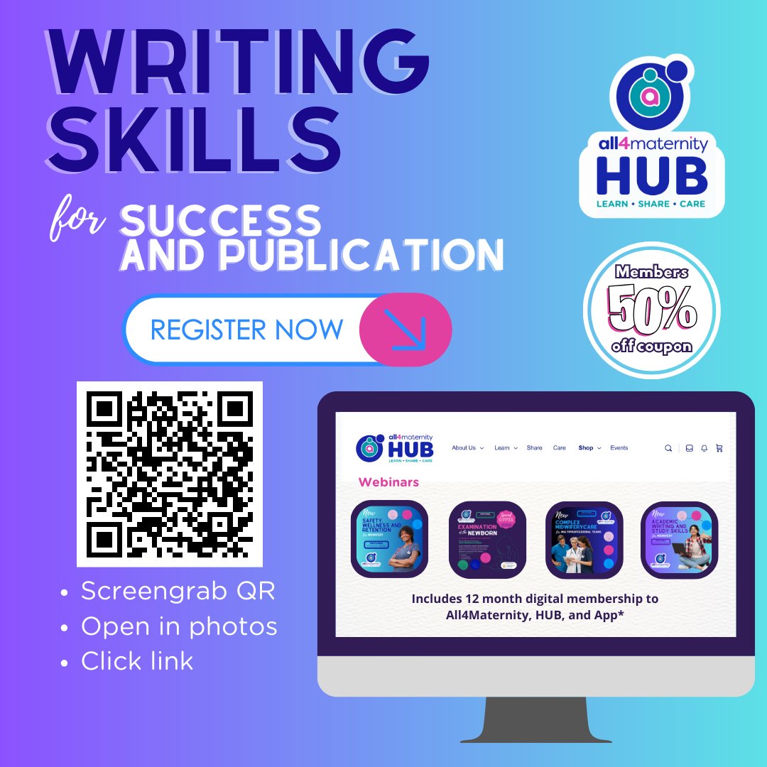 🌟 Gain valuable insights into essay composition, critiquing evidence & publishing with our Writing Skills for Success & Publication Webinar Series 📝 @All4Maternity members - get 50% discount from the Members Zone! 🔒 Starting today, so don't miss out! 🔗 hub.all4maternity.com/product-catego…