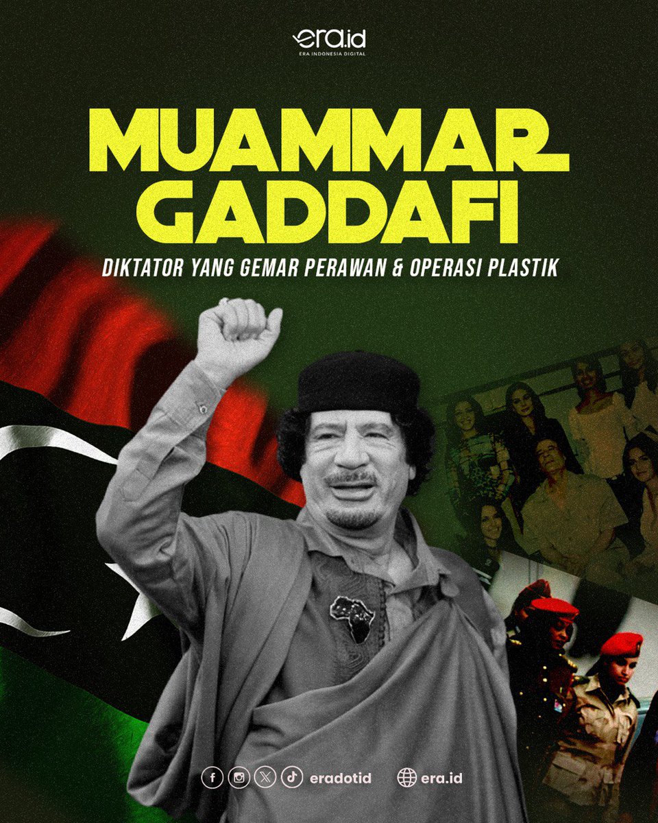 eradotid's tweet photo. [PRO KONTRA MUAMMAR GADDAFI, DIKTATOR LIBYA YANG TEGAS MELAWAN BARAT]

Setiap koin ada 2 sisi, begitupun si diktator nyentrik Muammar Gaddafi.

Selain obsesinya pada operasi plastik &amp; perawan, ia juga berambisi menyatukan Arab, lalu Afrika.

Hingga akhirnya, ia dibunuh...

(Utas) https://t.co/CcHCCFJhCO