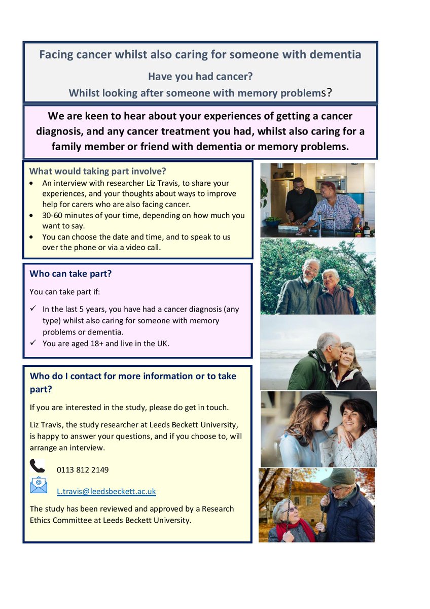 If you would like to share your experience to inform future support for people caring for someone with dementia, while living with a cancer diagnosis, please contact Liz Travis on 0113 812 2149 or email l.travis@leedsbeckett.ac.uk @leedsbeckett #dementiasupport #cancersupport