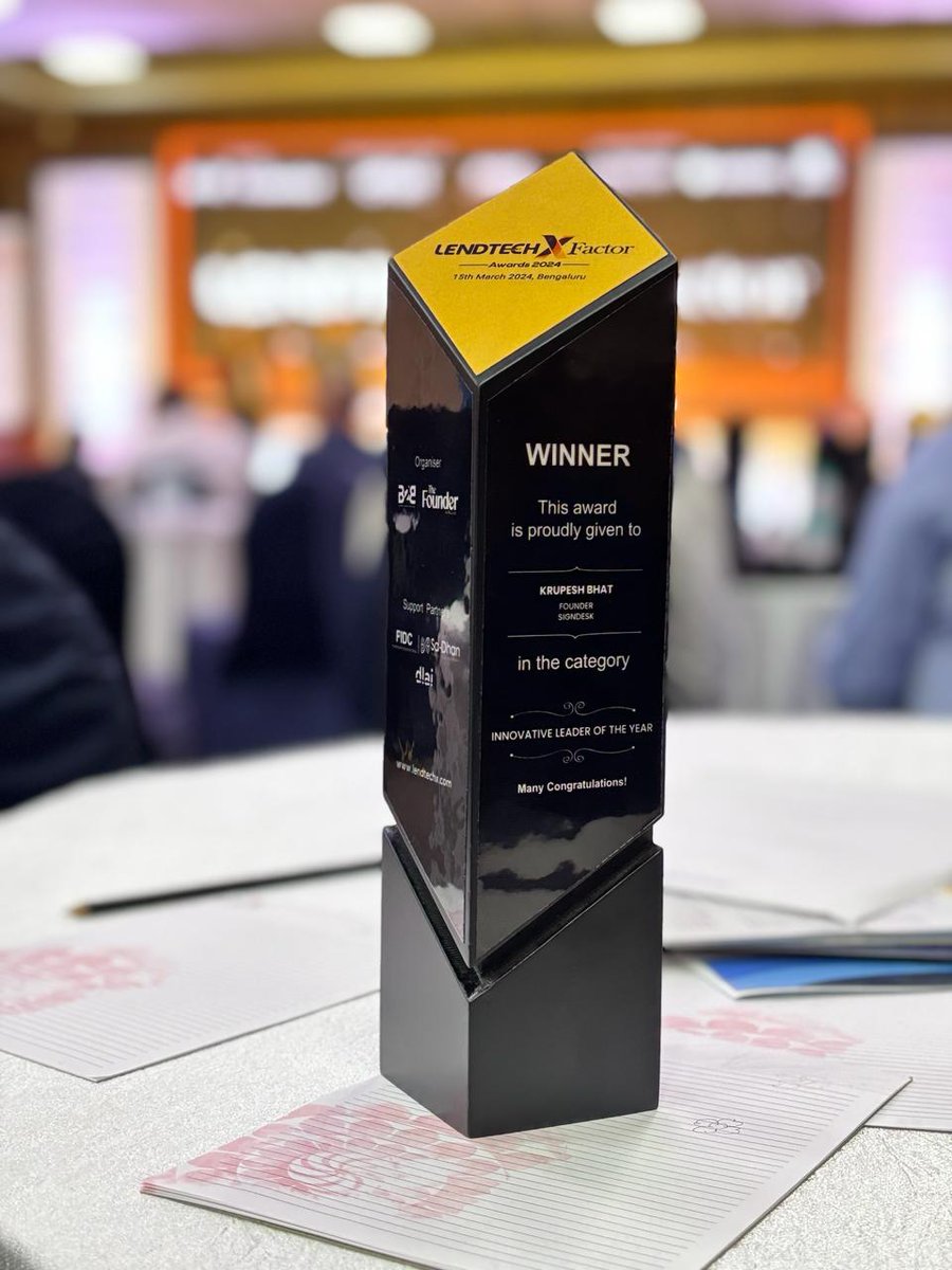 Congratulations to <a href="/KrupeshBhat/">Krupesh Bhat</a>, our founder, for winning the 'Innovative Leader of the Year' at LendTechX 2024! His visionary leadership sets new fintech standards, inspiring our journey of success. 

#LendTechX #FintechInnovation #SignDesk