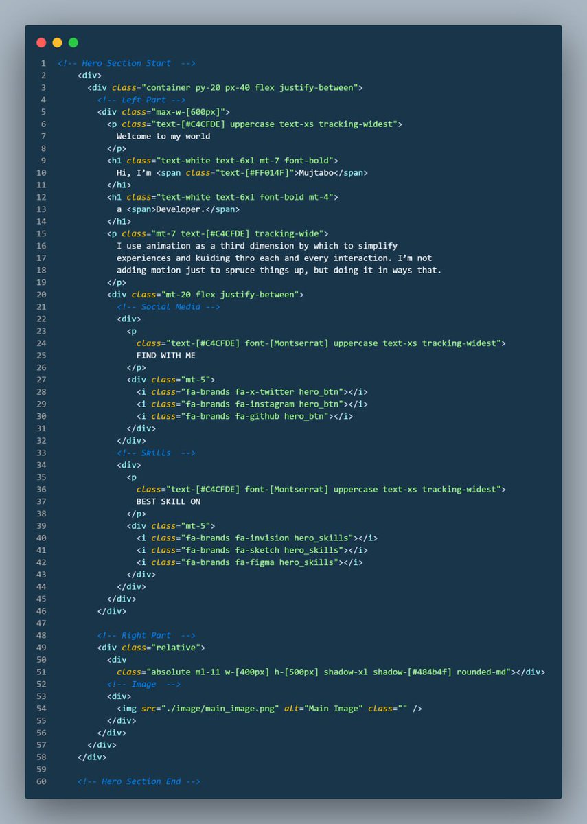 codewithmujtabo's tweet image. Day 2/15🔥
For now I have finished the header and hero section.
Here's the result and some part of the code. Enjoy it👇