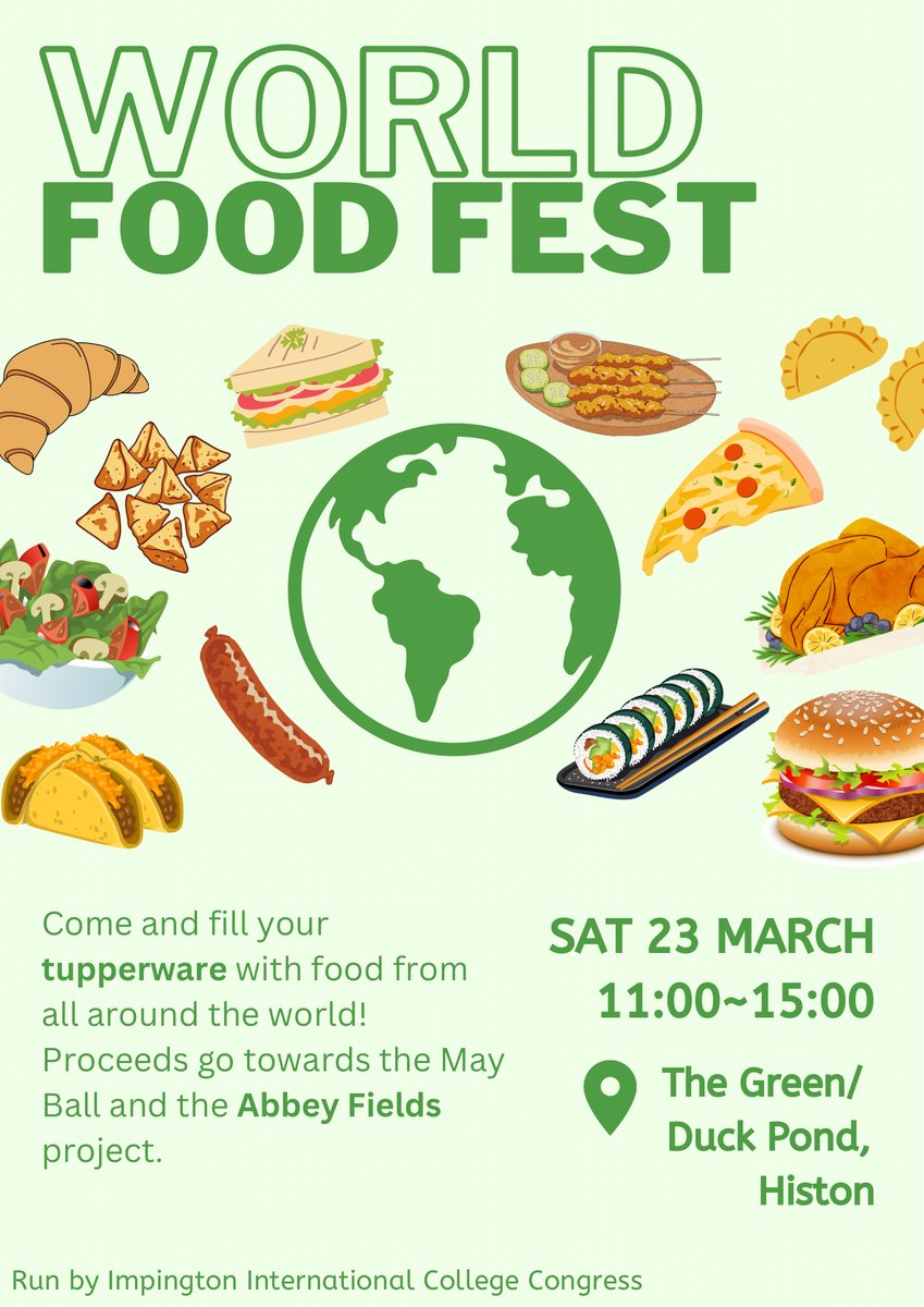 On 23 March, visit Histon Green to try foods from around the world! Our students will sell homemade world foods to raise money for the #AbbeyFields project and @ImpingtonVC’s May Ball. @HiHUbInfo1 #Histon #Impington #WhatsOn