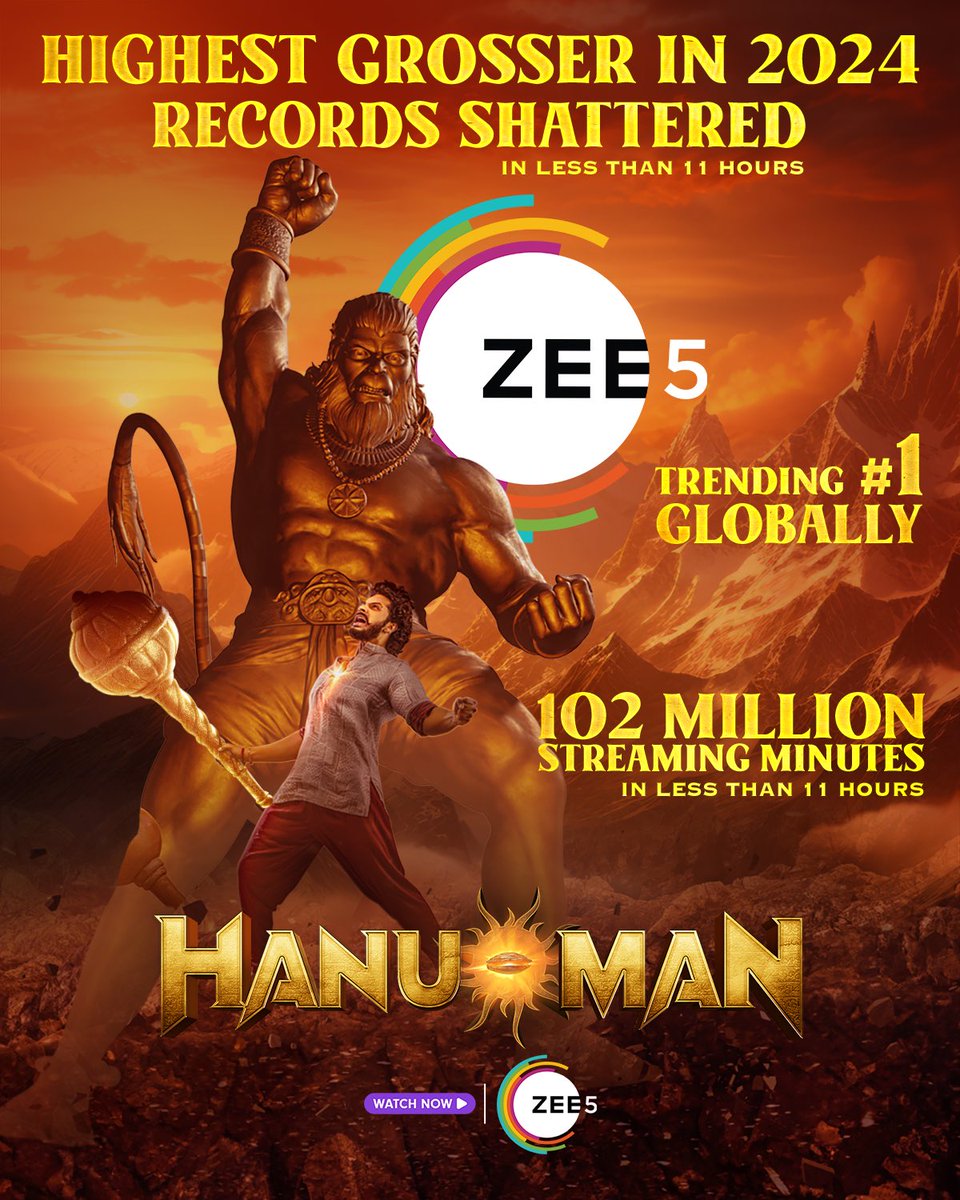 Breaking Records & Winning Hearts ❤️ #HanuMan Trending #1 Globally with 102MILLION+ Streaming Minutes in less than 11 hours on @ZEE5India 🔥 #HanuManOnZEE5 💥 @PrasanthVarma @tejasajja123 @Niran_Reddy @Actor_Amritha @varusarath5 @VinayRai1809 @GowrahariK @Chaitanyaniran…