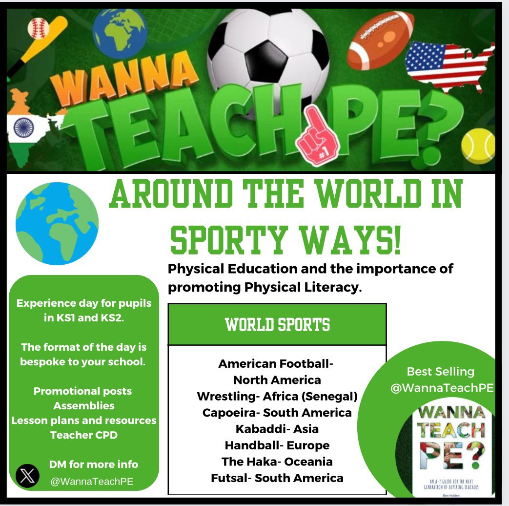 🌎 Primary PE Leads! 🌎 Get in touch today to book an experience day like no other. You choose the sports to suit your needs and context, I do the rest! Staff CPD, assemblies and a memorable and engaging experience for all students! 🤾🏻‍♂️🤼‍♀️🇺🇸🏈