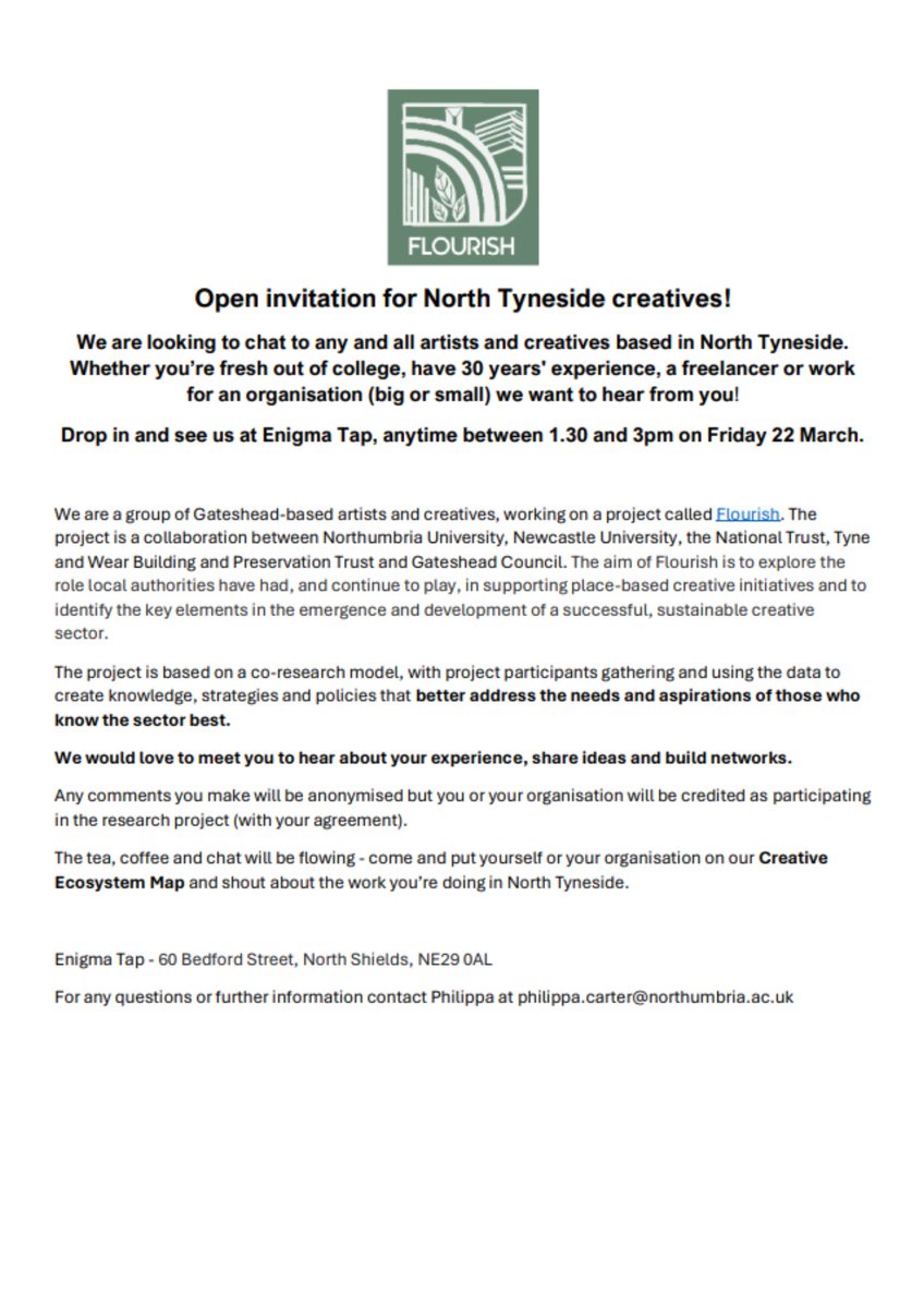 Gateway Studio (@gateway_studio) on Twitter photo An exciting opportunity to get involved with Flourish!
Contact phililppa.carter@northumbria.ac.uk for further information!
#gateshead #northeast #northtyneside An exciting opportunity to get involved with Flourish!
Contact phililppa.carter@northumbria.ac.uk for further information!
#gateshead #northeast #northtyneside