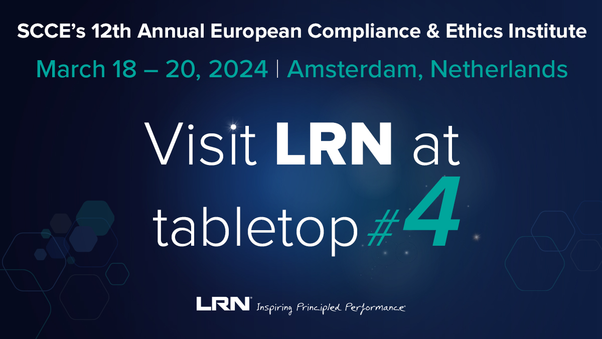 We’re excited to be a part of @SCCE12th Annual European Compliance &amp; Ethics Institute! Stop by tabletop 4 to meet with an LRN expert and learn more about our E&amp;C solutions. #SCCEECEI