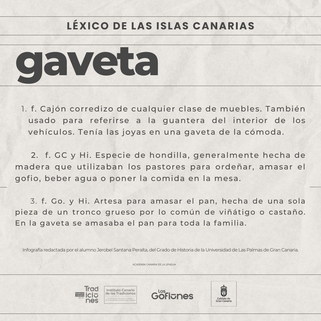 insctradiciones's tweet photo. Nuestra identidad como pueblo tiene mucho que ver con la forma en la que nos expresamos, así que les dejamos esta palabra para que la guarden en la gaveta del conocimiento.
#ictradiciones #gaveta #léxicocanario #españoldecanarias #españolatlántico @LosGofiones @GranCanariaCab https://t.co/96cC80Q6by