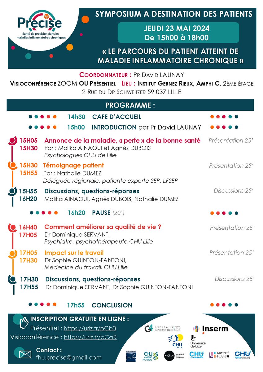 FhuPrecise's tweet image. INFORMATION EVENEMENT : la FHU PRECISE organise son prochain symposium à destination des patients le 23/05/24 de 15h à 18h.
Programme : nextcloud.univ-lille.fr/index.php/s/cM…
Inscription (gratuite) :
- Présentiel (Lille) : urlz.fr/pCb3
- Visioconférence : urlz.fr/pCaR