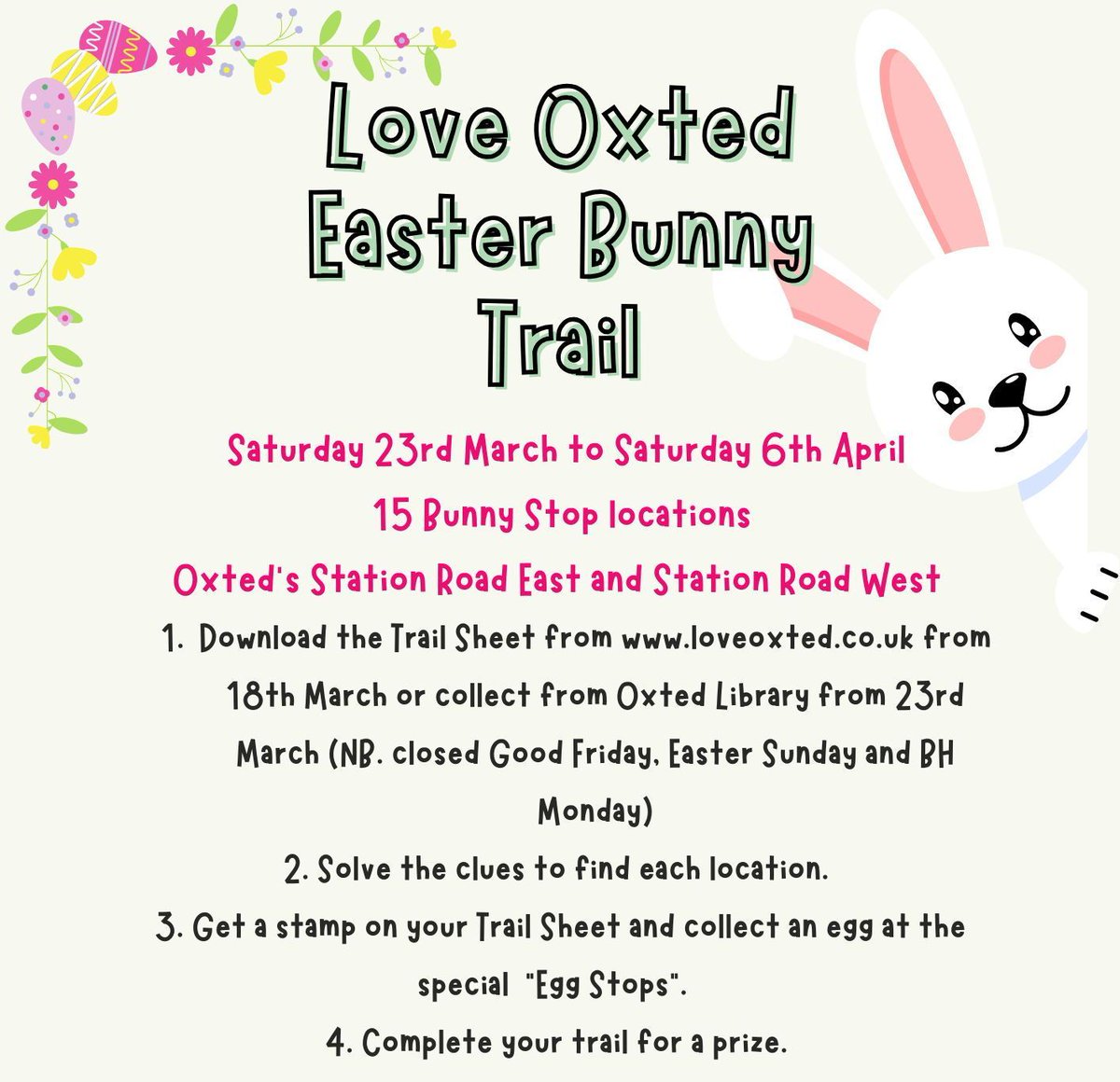 Have fun following the Easter Bunny’s travels around Oxted. Download the trail sheet (includes sheet for parents with stops) from the Love Oxted website, or pick up from the Oxted Library from Saturday 23rd March. buff.ly/43kbQKI