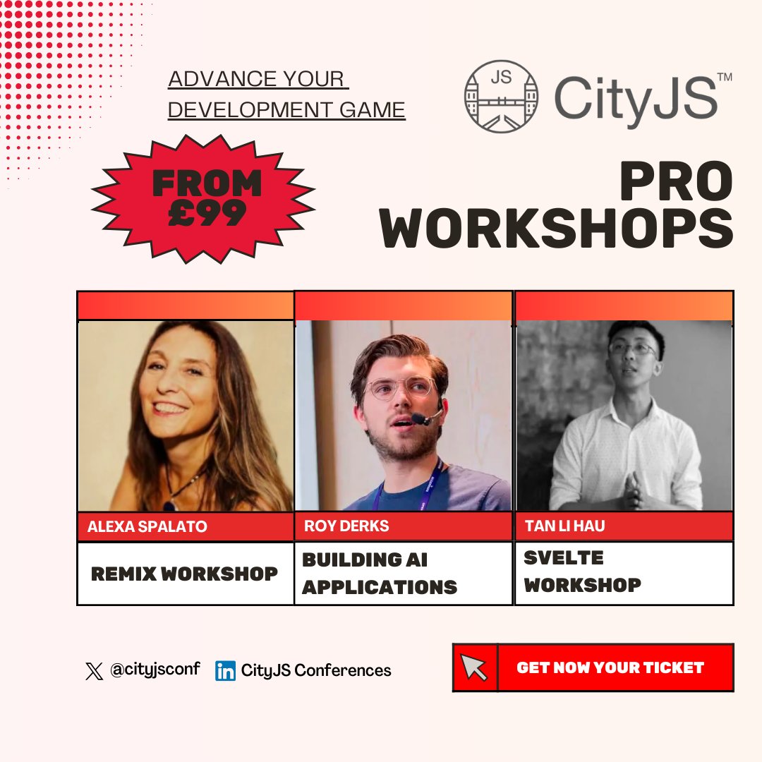 19 days to go we got some amazing workshops #Remix by @alexadark Building #AI Applications by @gethackteam and #svelte by @lihautan Get your ticket now london.cityjsconf.org