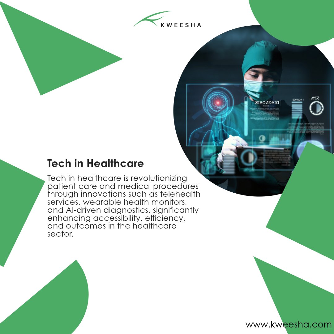 Revolutionizing Healthcare: Advances in telehealth, wearable tech, and AI diagnostics are making patient care more accessible, efficient, and personalized.

Visit our website for more information!
.
#KweeshaSolutions
#HealthTechRevolution #TelehealthInnovation #WearableHealthTech