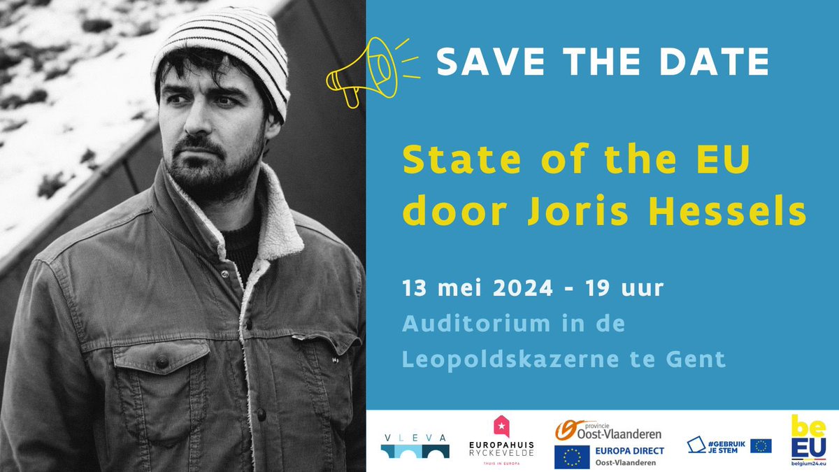 VLEVA's tweet photo. 📣 Zet 13 mei alvast in jullie agenda voor de 19de #StateoftheEU! 

Be prepared voor de verrassende visie van acteur en toneelmaker Joris Hessels op de Europese Unie.🔥🇪🇺 

PS: Niet in Groenland, maar in Gent! https://t.co/6ItCMgGvGK