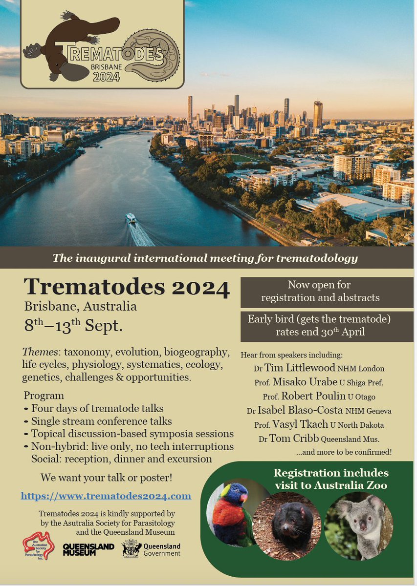 🚨 Inaugural International #Trematodes conference! 🚨 - 𝟖-𝟏𝟑𝐭𝐡 𝐒𝐞𝐩𝐭𝐞𝐦𝐛𝐞𝐫 𝟐𝟎𝟐𝟒 - Abstract submission: 19 Feb - 30 Apr '24 - Abstract notification: 31st May '24 - Registration at: bitly.ws/3gcTz - Excellent speaker line-up & in beautiful Brisbane, AUS!