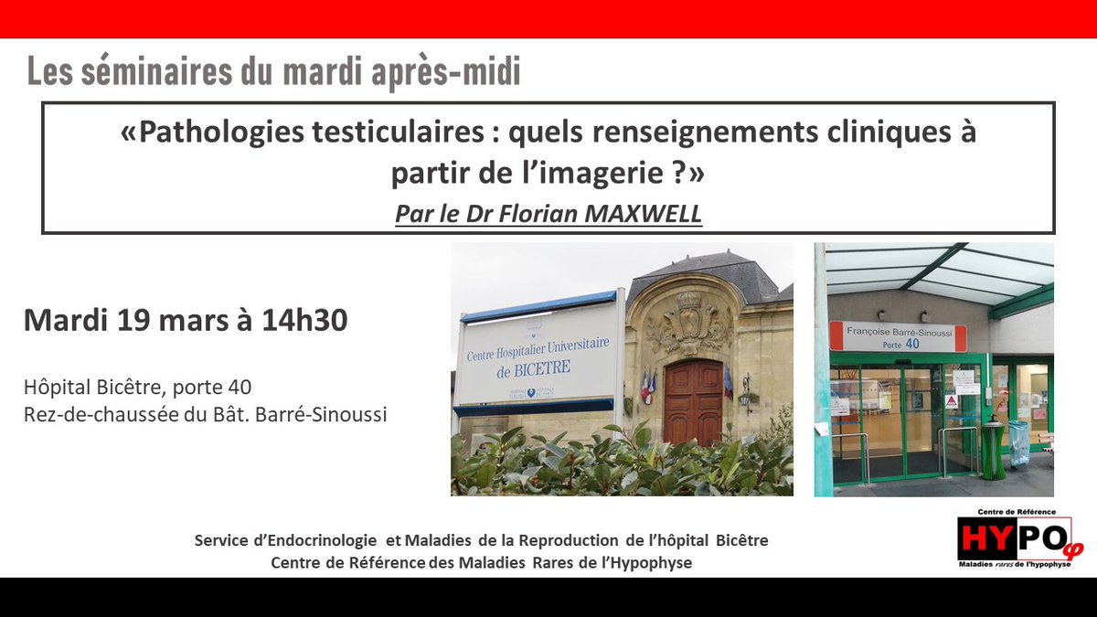 Séminaire d'#endocrinologie du mardi après-midi à l'@Hopital_Bicetre : demain le Dr Florian MAXWELL fera une présentation intitulée 'Pathologies testiculaires : quels renseignements cliniques à partir de l’imagerie ?'