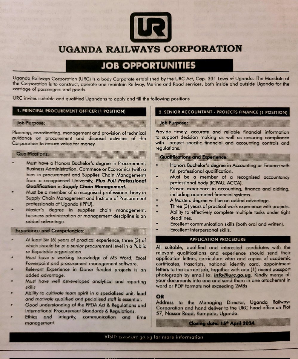 📌 In other news (New Vision today). URC seeks to recruit qualified Ugandans to fill the position of: 1. Principal Procurement Officer (1) 2. Senior Accountant - Projects Finance (1) Good luck to the applicants.