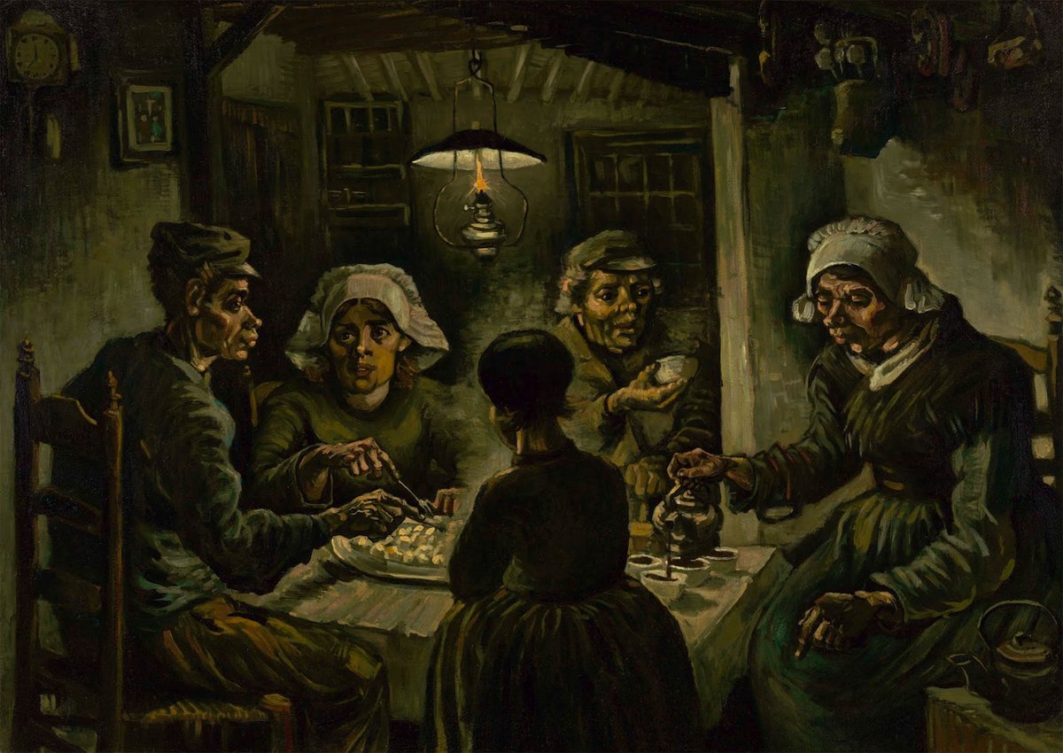 vangoghmuseum's tweet photo. 'The Potato Eaters' may seem dull with its muddy tones, but Vincent skillfully blended complementary colours like red and green to create subtle variations, aiming for a vivid effect in this seemingly dark painting. 🎨 https://t.co/AoiLNjEVYe