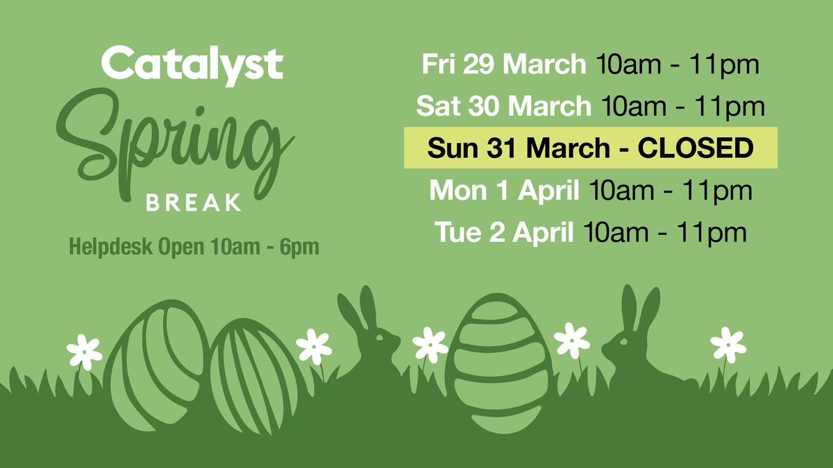 Hop into spring break with Catalyst 🐰 As the bank holiday weekend approaches, we're pleased to announce our adjusted opening hours for Friday 29 March to Tuesday 2 April. Plan your visit: buff.ly/49JIB6m