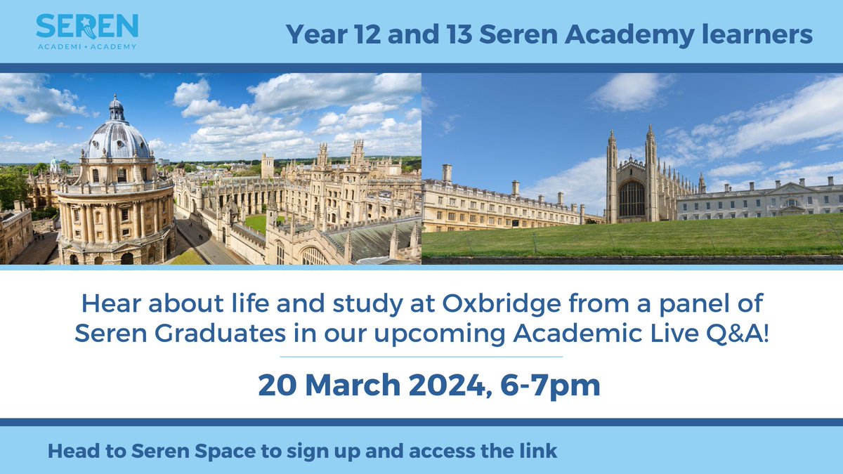 Seren Network (@seren_network) on Twitter photo Year 12 and 13 Seren learners
Curious what life and study looks like at Oxbridge? ๐ฉโ๐ซ๐ซ
Ask a panel of Oxbridge students in our upcoming live Q&A!
๐
 20 March 2024, 6-7pm
Head to Seren Space for registration details Year 12 and 13 Seren learners
Curious what life and study looks like at Oxbridge? ๐ฉโ๐ซ๐ซ
Ask a panel of Oxbridge students in our upcoming live Q&A!
๐
 20 March 2024, 6-7pm
Head to Seren Space for registration details