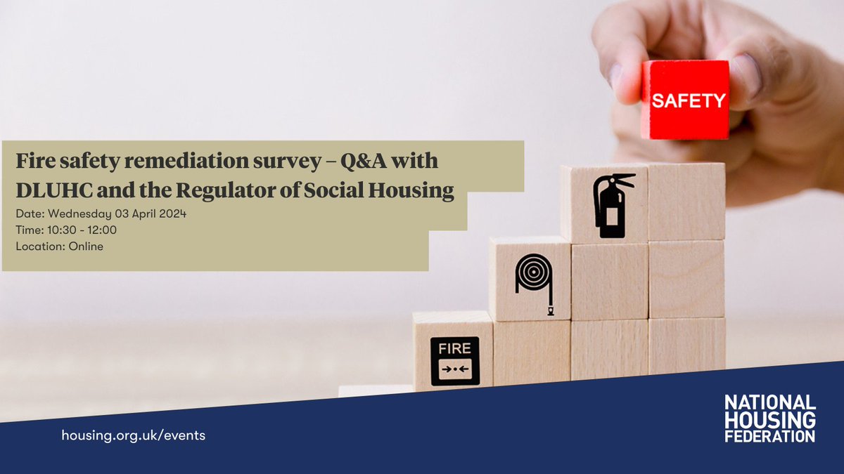 Join our webinar on Wednesday 3 April with the Regulator for Social Housing (RSH) and Department for Levelling Up, Housing and Communities (DLUCH) to find out more about the progress of the sector’s building safety programmes. Find out more - ow.ly/Q84t50QU8Fx