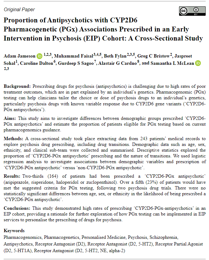 New Paper by @GurdeepNCL & colleagues: 'Proportion of Antipsychotics with CYP2D6 Pharmacogenetic (PGx) Associations Prescribed in an Early Intervention in Psychosis (EIP) Cohort: A Cross-Sectional Study'. Link: shorturl.at/mCFT4 #Antipsychotics #Psychosis