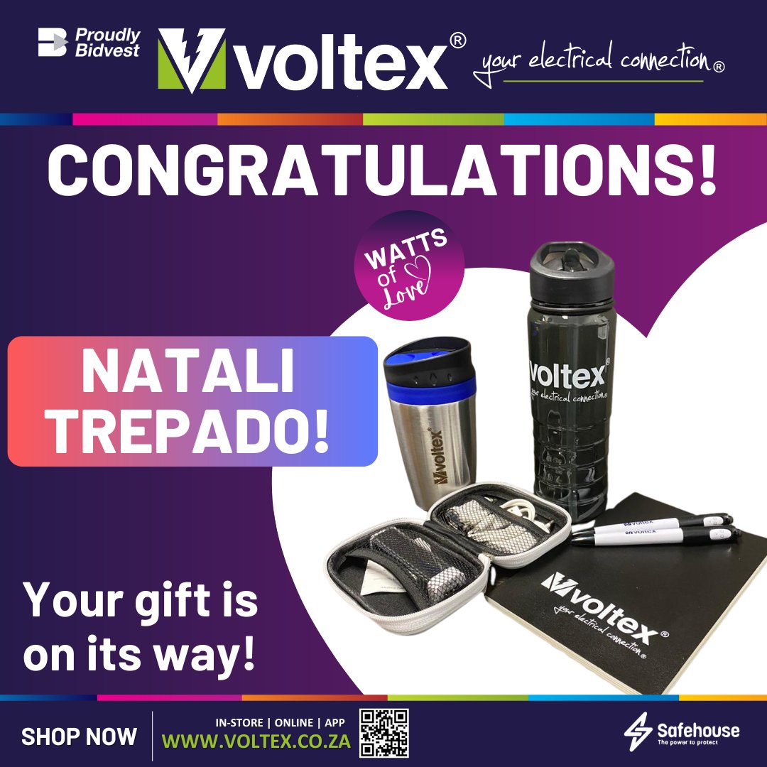 Congrats Natali! 
Thank you for commenting your favourite Watts Of Love Combo on our Weekley Spotlight post. 

Stand your chance to win and go comment now!

#Voltex_SA #YourElectricalConnection #WattsOfLove