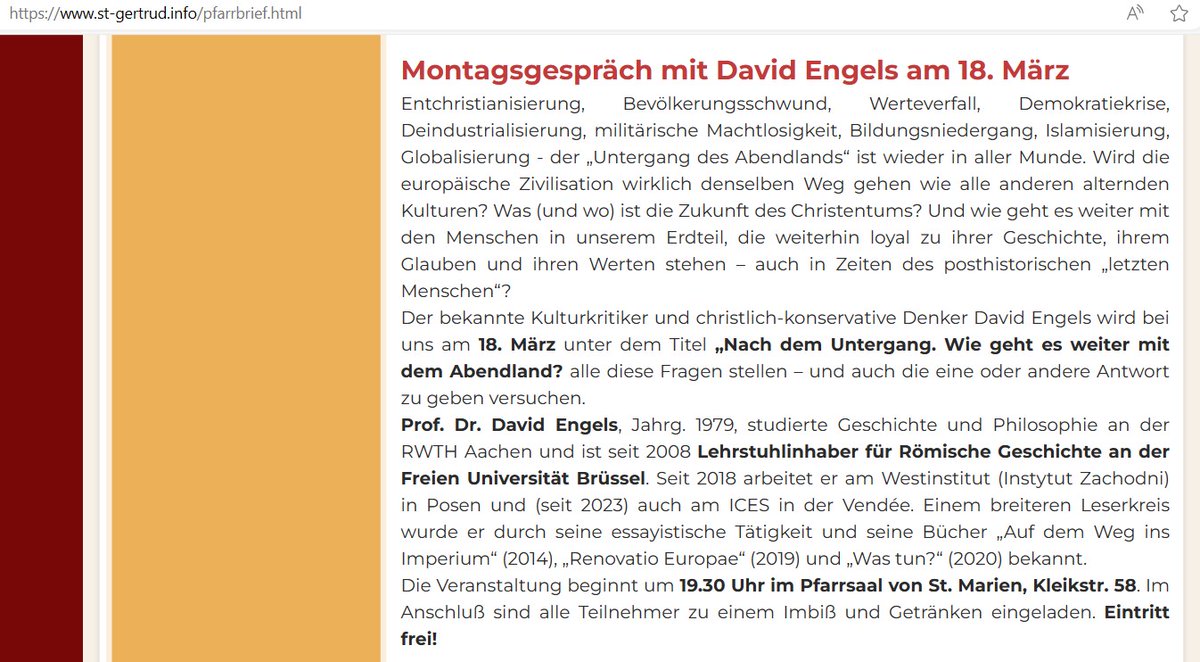 Heute, am 18. März 2024, soll der rechtschristliche Historiker David Engels beim Montagsgespräch bei der Katholischen Pfarrei St. Gertrud in #Herzogenrath (NRW) zum „Untergang des Abendlands“ referieren.