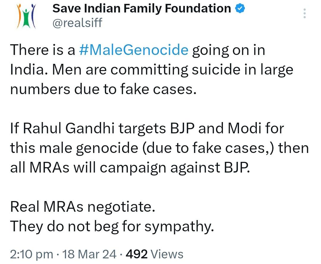 realsiff's tweet photo. Pl switch to #MaleGenocideInIndia meme to create a bigger impact.
Thousands of men are committing suicide every year due to fake cases. If so many men had died in a war, then it would have been called a genocide.
Millions of men are suffering from depression due to fake cases. https://t.co/4pGyxGhlEP