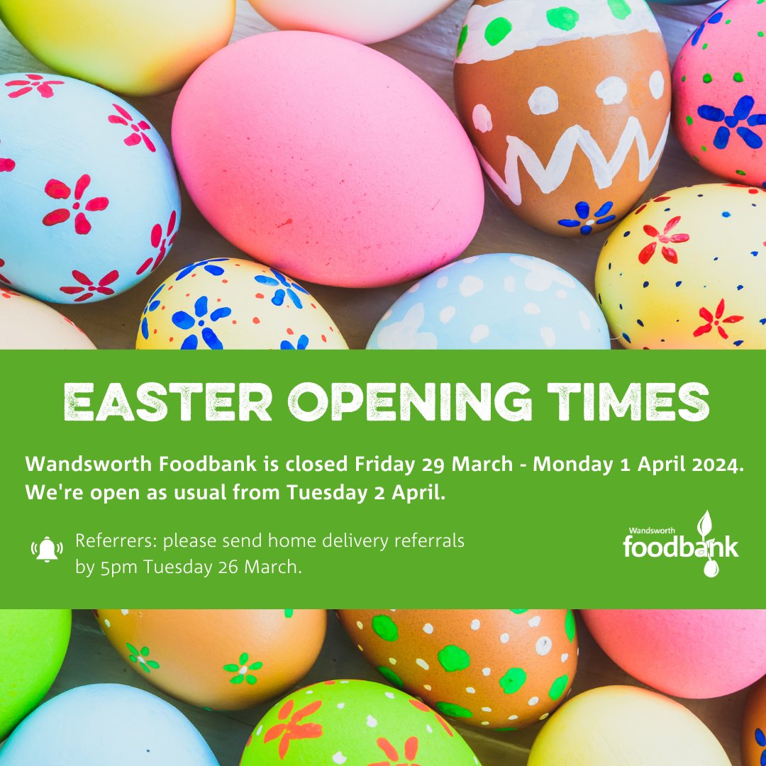 We're closed over the Easter weekend, but before then, could you donate an Easter egg or two as an extra treat for families who'll need to use our food bank? We'd be eggstremely grateful. wandsworth.foodbank.org.uk/give-help/dona…