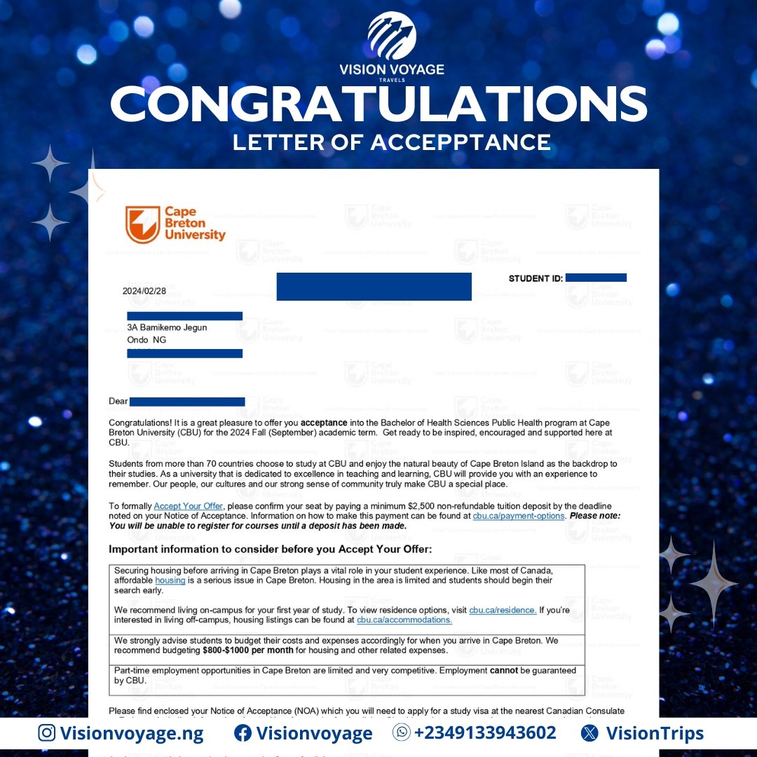 VisionTrips's tweet photo. Admission  granted. Congratulation to our client.
#studyincanada #visionvoyage #canadavisa #studyAbroad #admissionconsultation https://t.co/zfJwkrNyd0