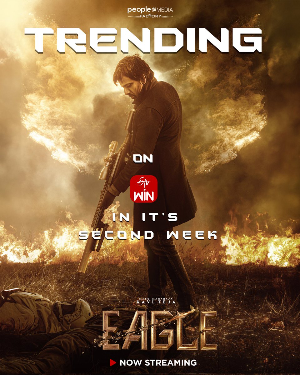 🚨 The action continues into its 2nd week! 🚨 #Eagle is now Trending on @PrimeVideoIN & @etvwin for its second week. Grab your popcorn and buckle up for an adrenaline rush! #StreamingSensationEagle #PublicBlockbusterEagle @Raviteja_offl @Karthik_gatta @vishwaprasadtg…